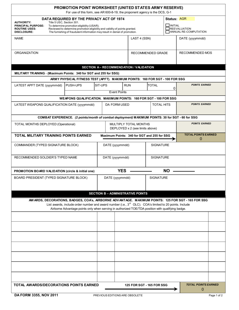 Army Reserve Promotion Point Worksheet Army Reserve Promotion Point Worksheet