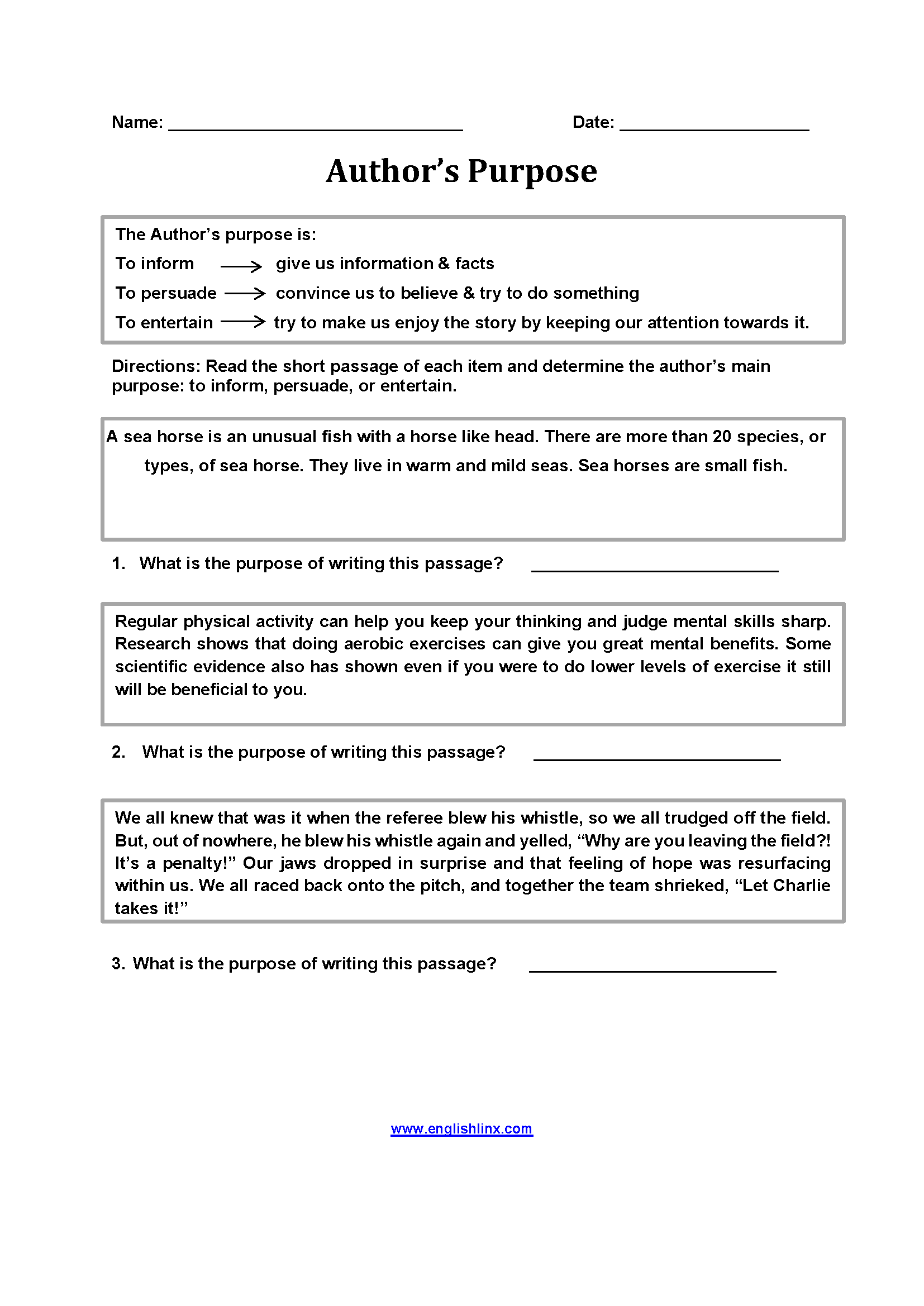Author s Purpose Worksheets Author s Purpose Worksheets