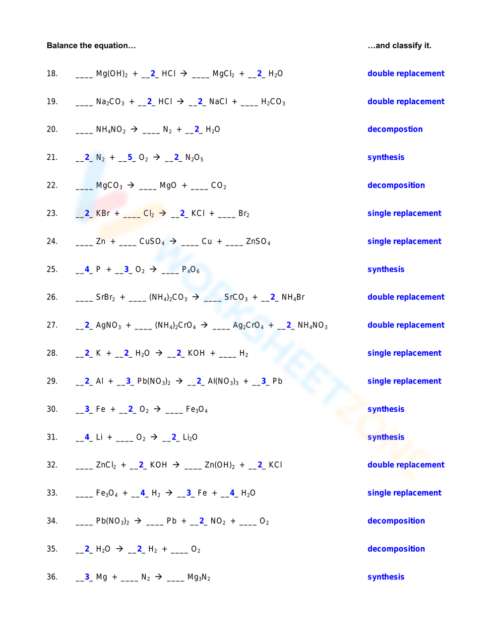 chemistry balancing chemical equations worksheet