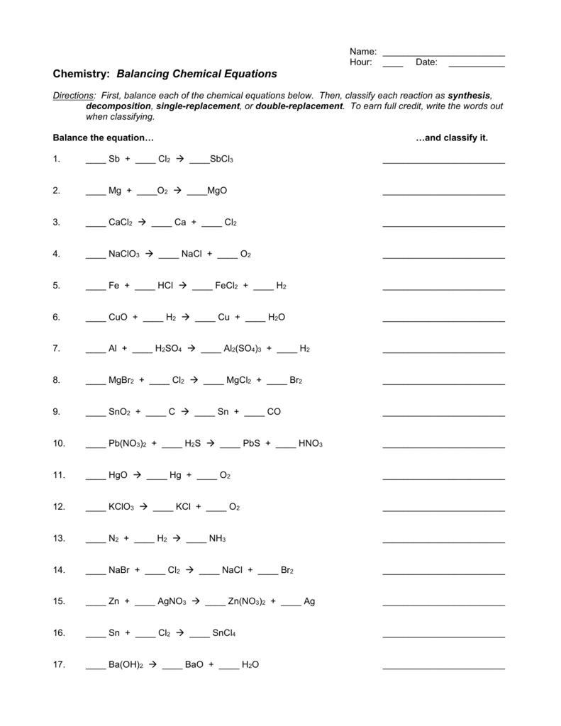 Balancing Chemical Equations Worksheet