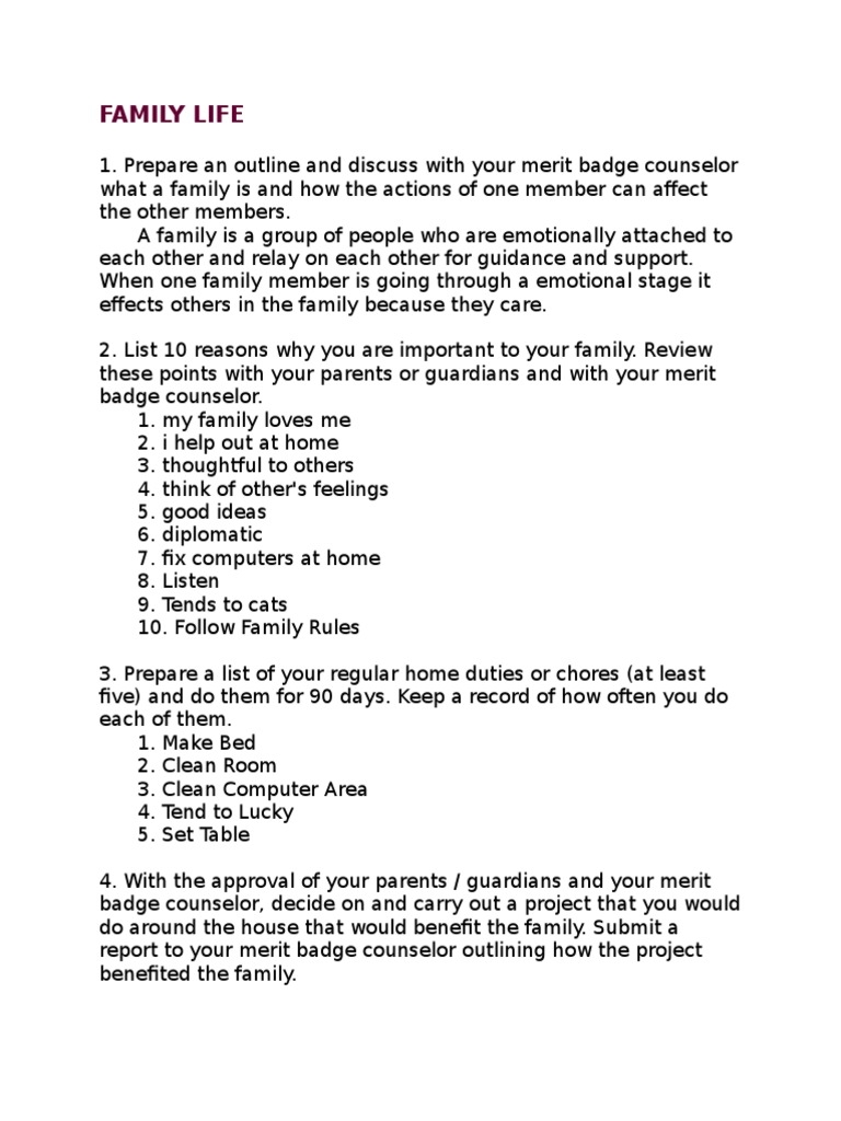 BSA Family Life Merit Badge Requirements PDF Cognition Worksheets Library