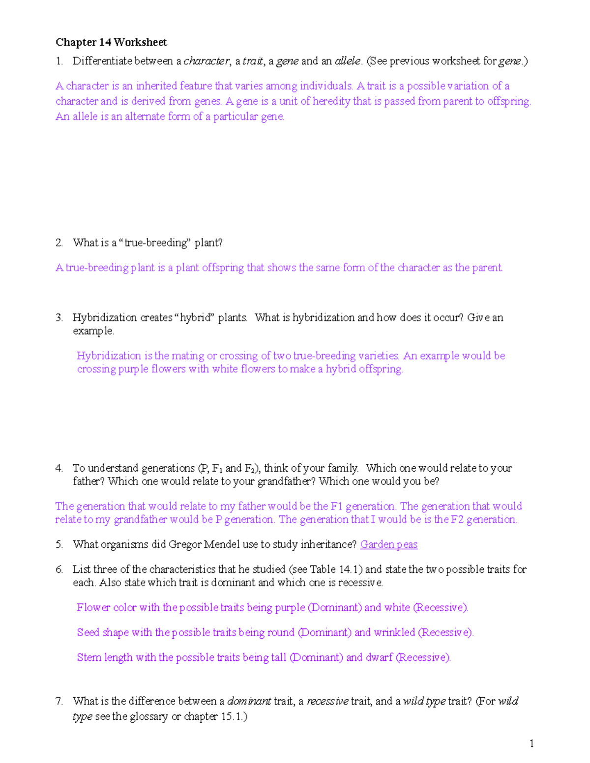 Chapter 14 Worksheet Genetics Concepts And Mendel s Experiments Studocu