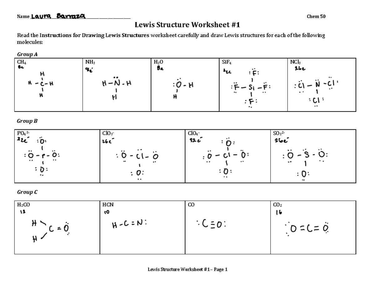 Chem 50 Lewis Structure Worksheets And VSEPR Practice Activities Studocu