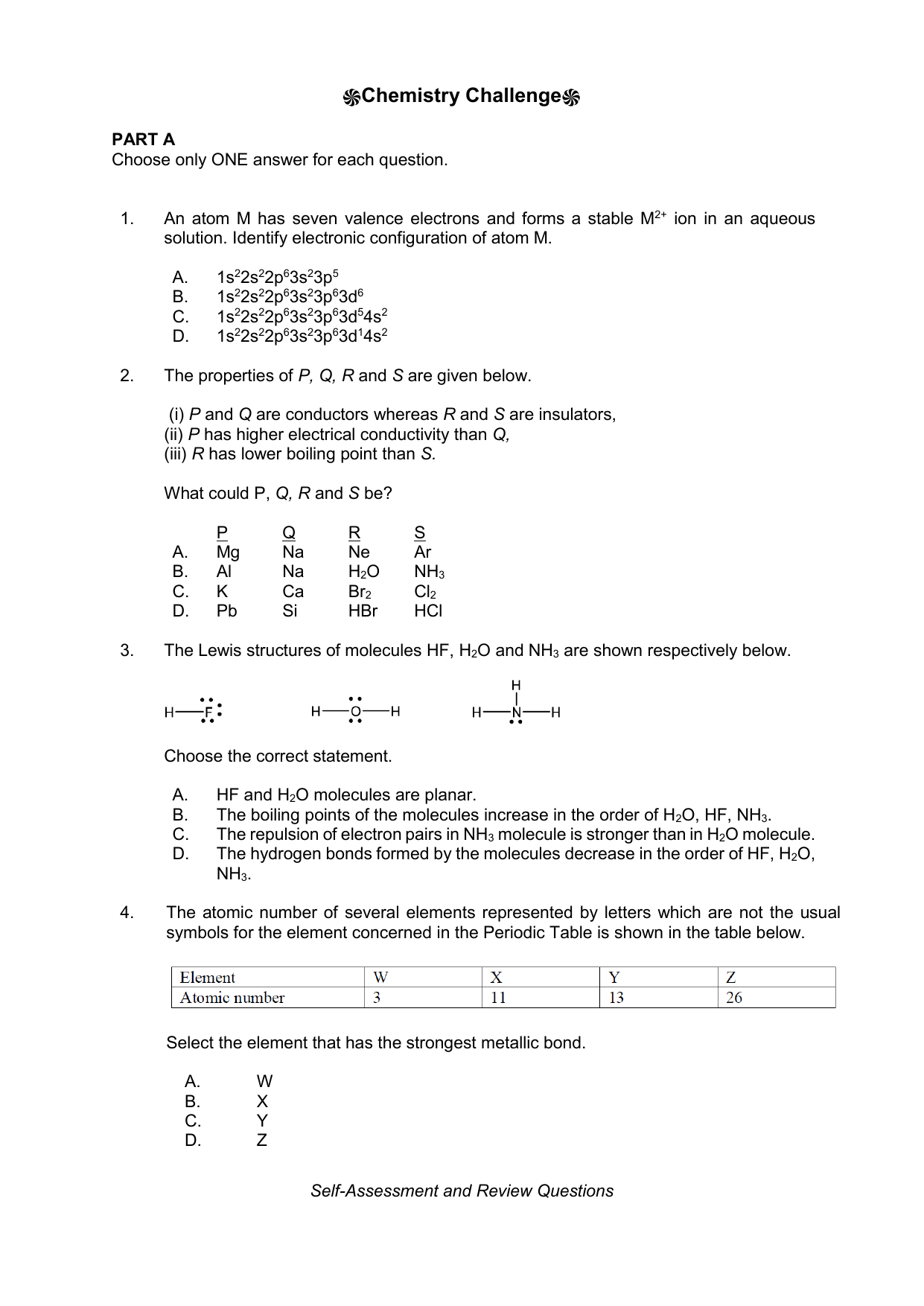 Chemistry Challenge Self Assessment Review Questions