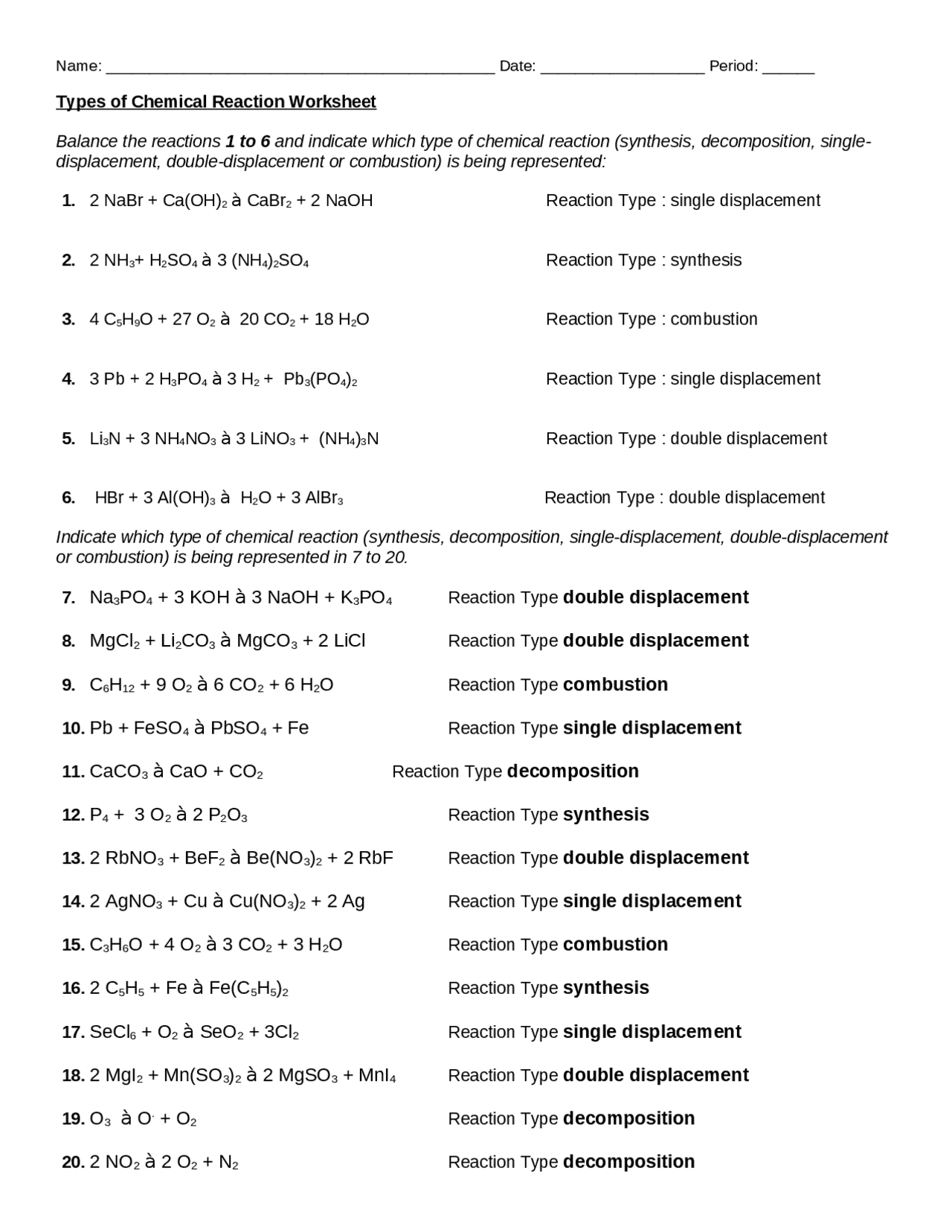 Chemistry Chemical Reaction Worksheet Assignments Chemistry Worksheets Library