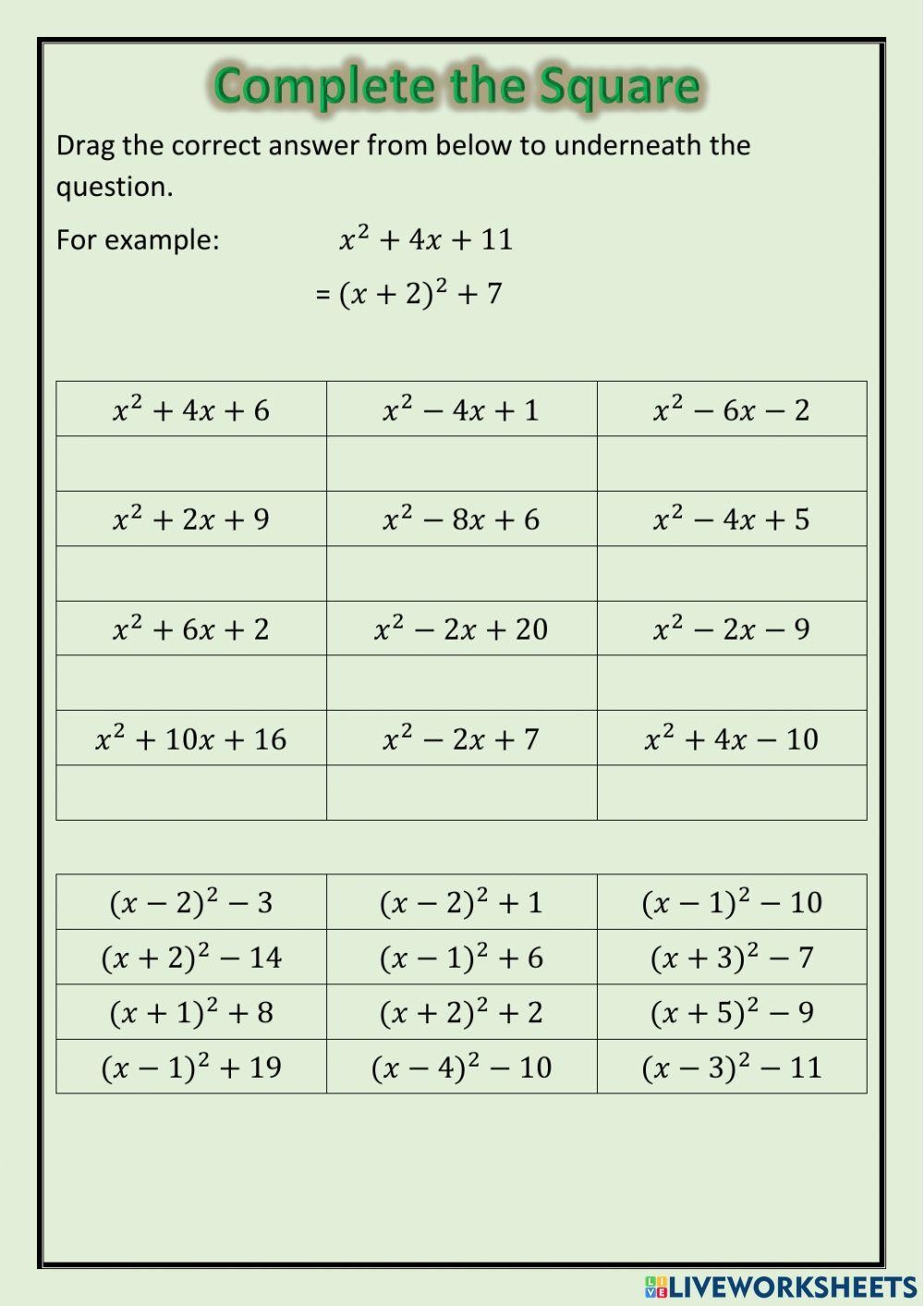 Completing The Square Method Formula Examples Worksheets Library
