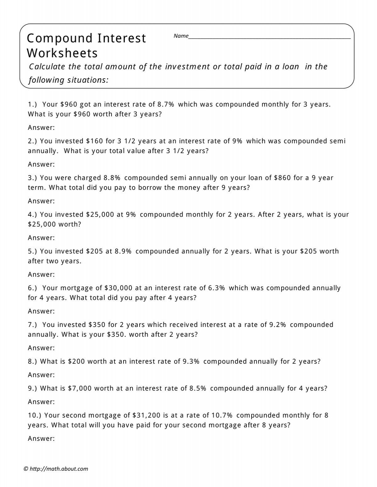 compound interest worksheet