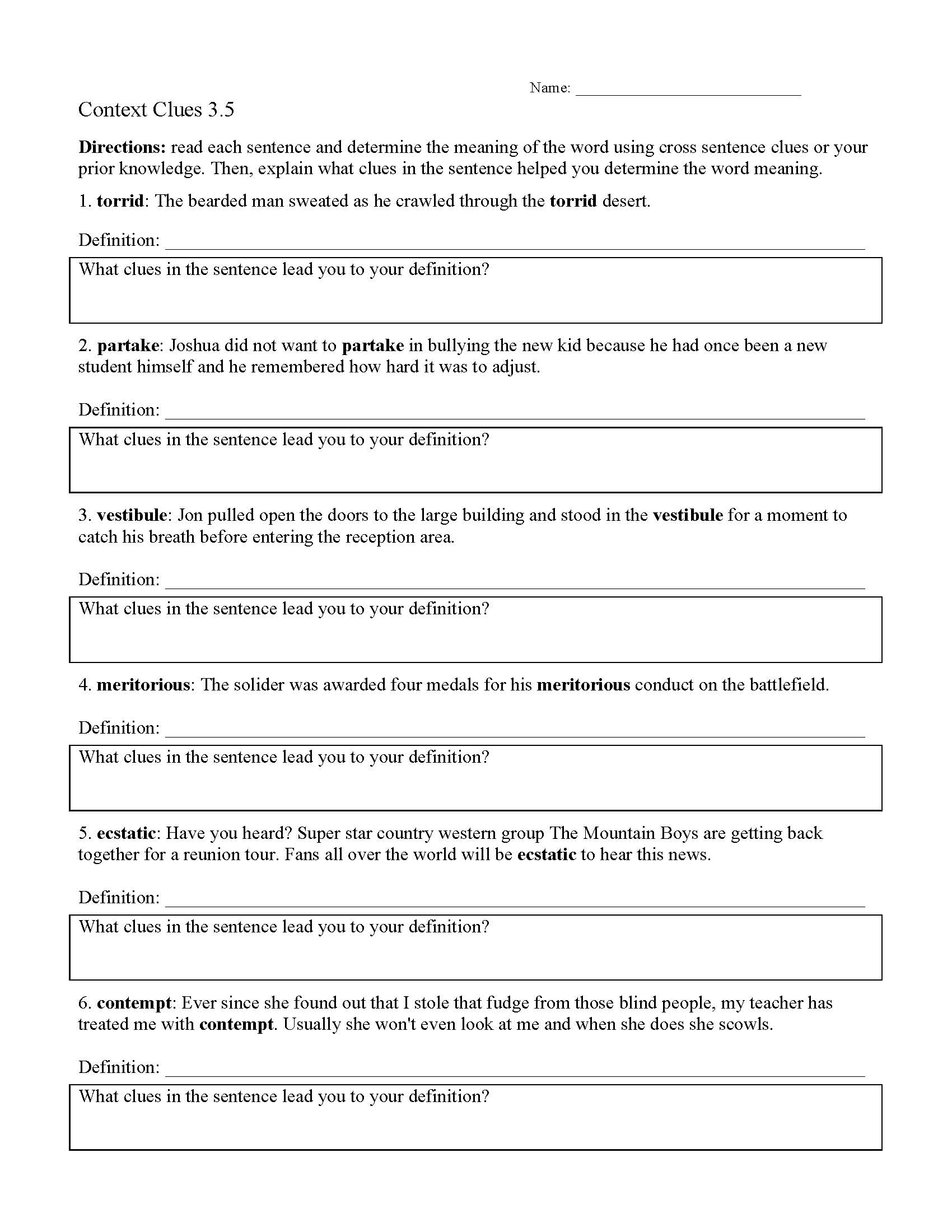 Context Clues Worksheet 3 5 Reading Activity