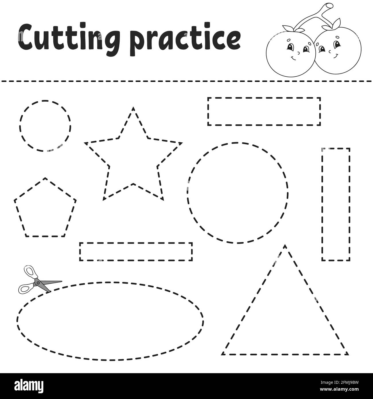 Cutting Practice For Kids Education Developing Worksheet Activity Page With Pictures Game For Children Isolated Vector Illustration Funny Charact Stock Vector Image Art Alamy