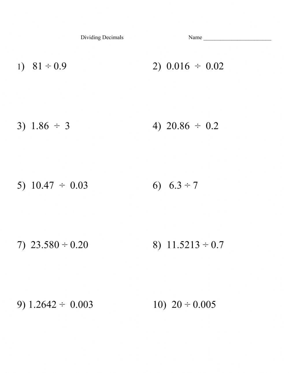 Decimal Dividing Decimals By Decimals Worksheet Worksheets Library Decimal Dividing Decimals By Decimals Worksheet Worksheets Library