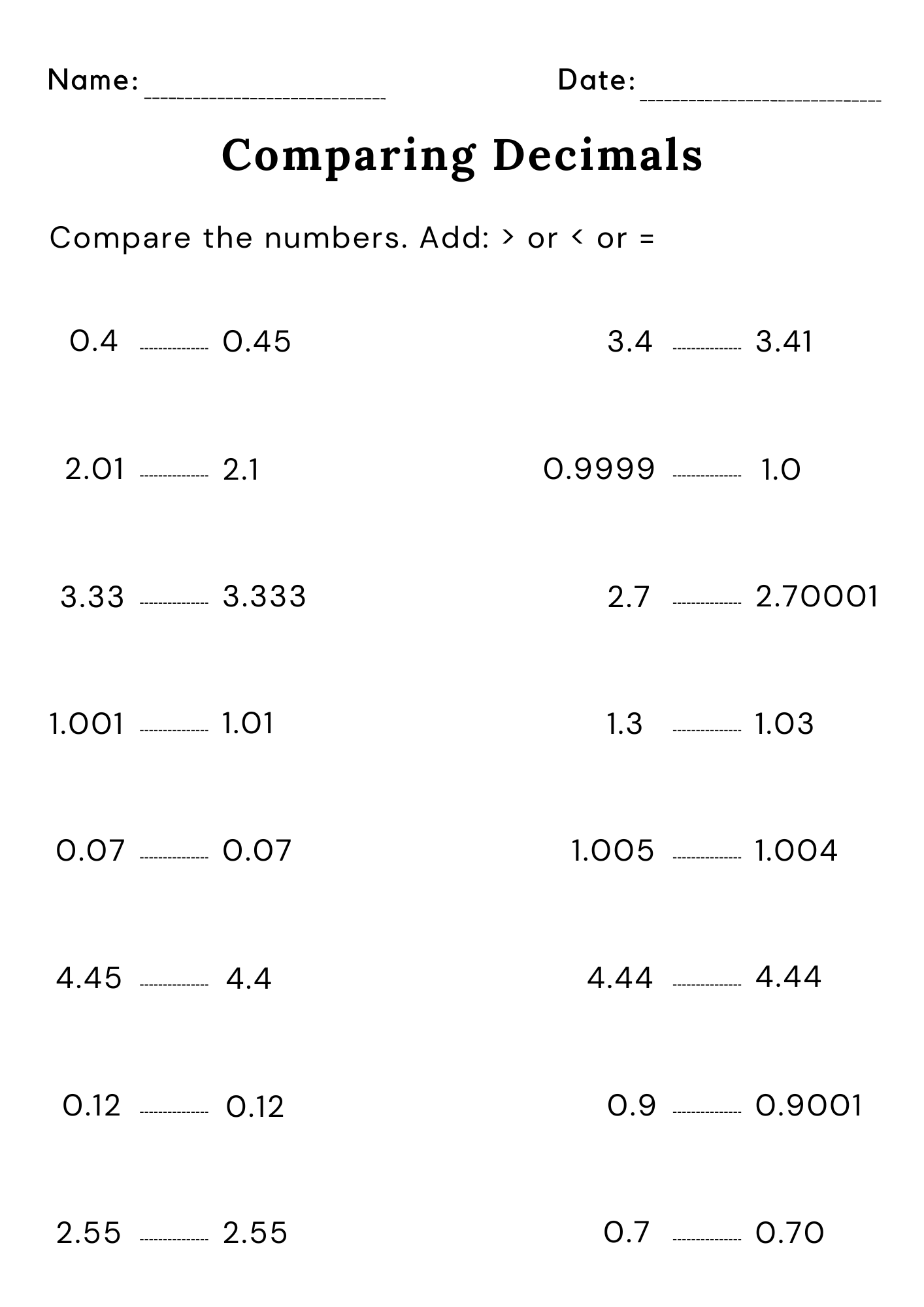 Decimals Greater Than Less Than Worksheets With Answers Made By Teachers Decimals Greater Than Less Than Worksheets With Answers Made By Teachers