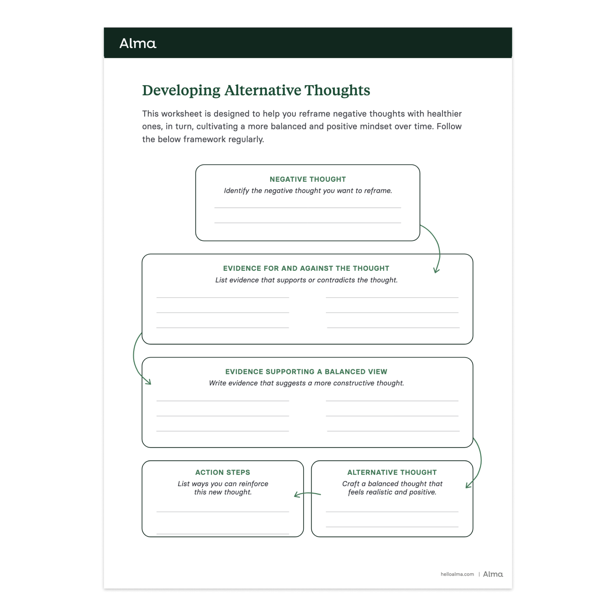 Developing Alternative Thoughts CBT Worksheet Alma Developing Alternative Thoughts CBT Worksheet Alma