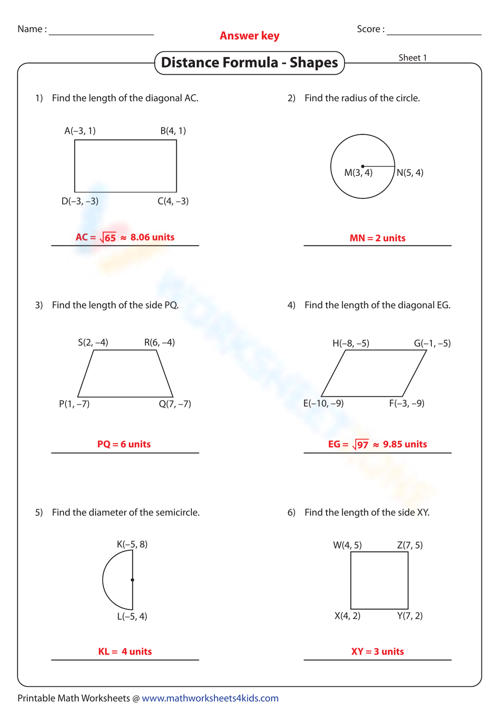 Distance Formula Shapes Edition Worksheet