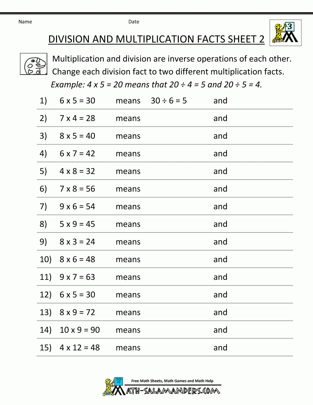 Division Facts Worksheets Division Facts Worksheets