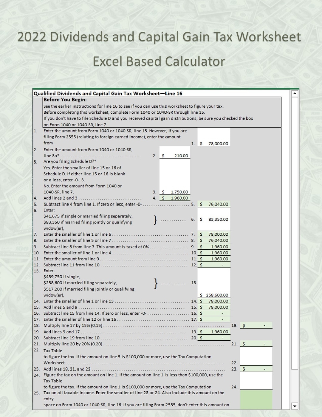Easy Calculator For 2022 Qualified Dividends And Capital Gain Tax Worksheet excel 2016 Also Includes Tax Computation Worksheet Etsy Israel