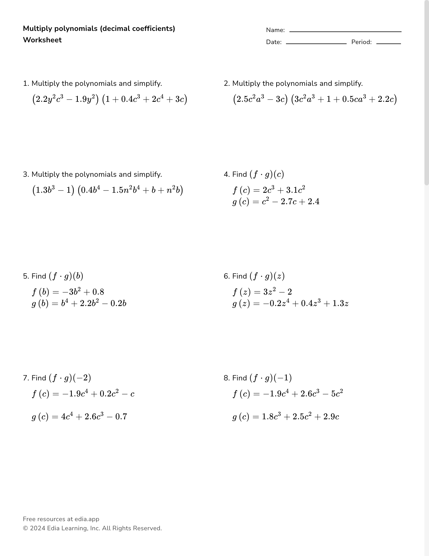 multiplying polynomials by polynomials worksheet