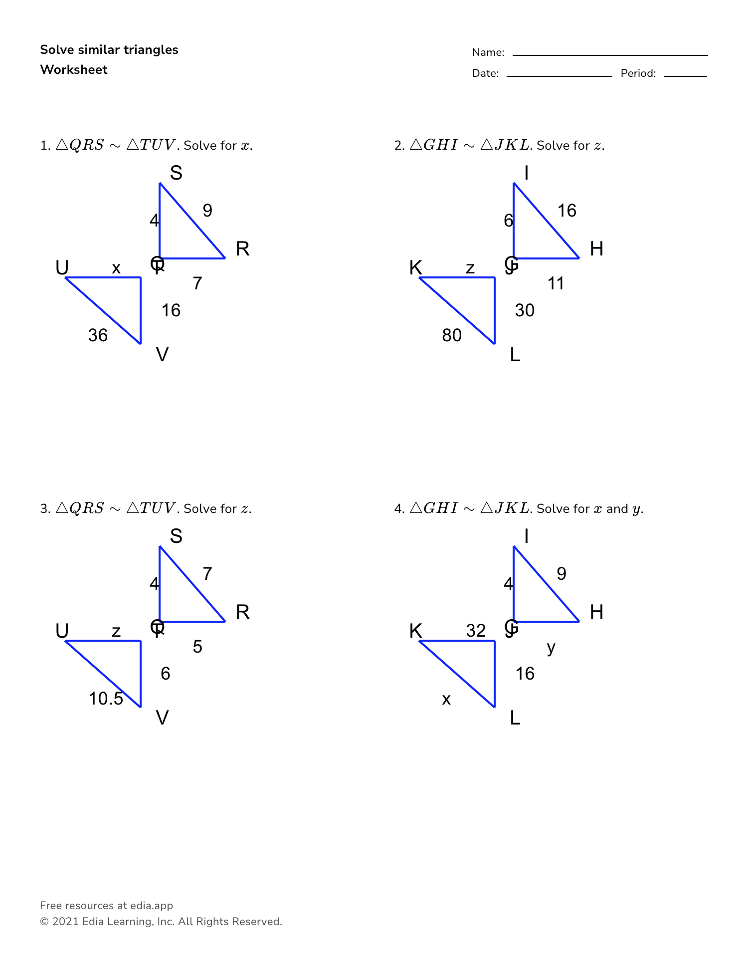 similar triangles worksheet