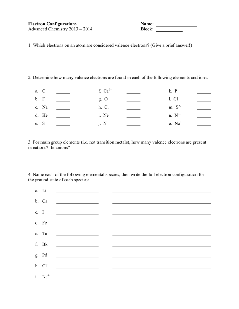 Electron Configurations Worksheet Advanced Chemistry Electron Configurations Worksheet Advanced Chemistry