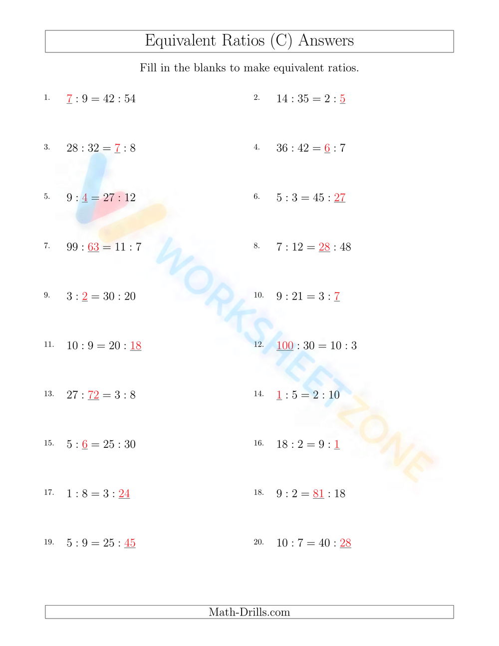 Equivalent Ratios Worksheets