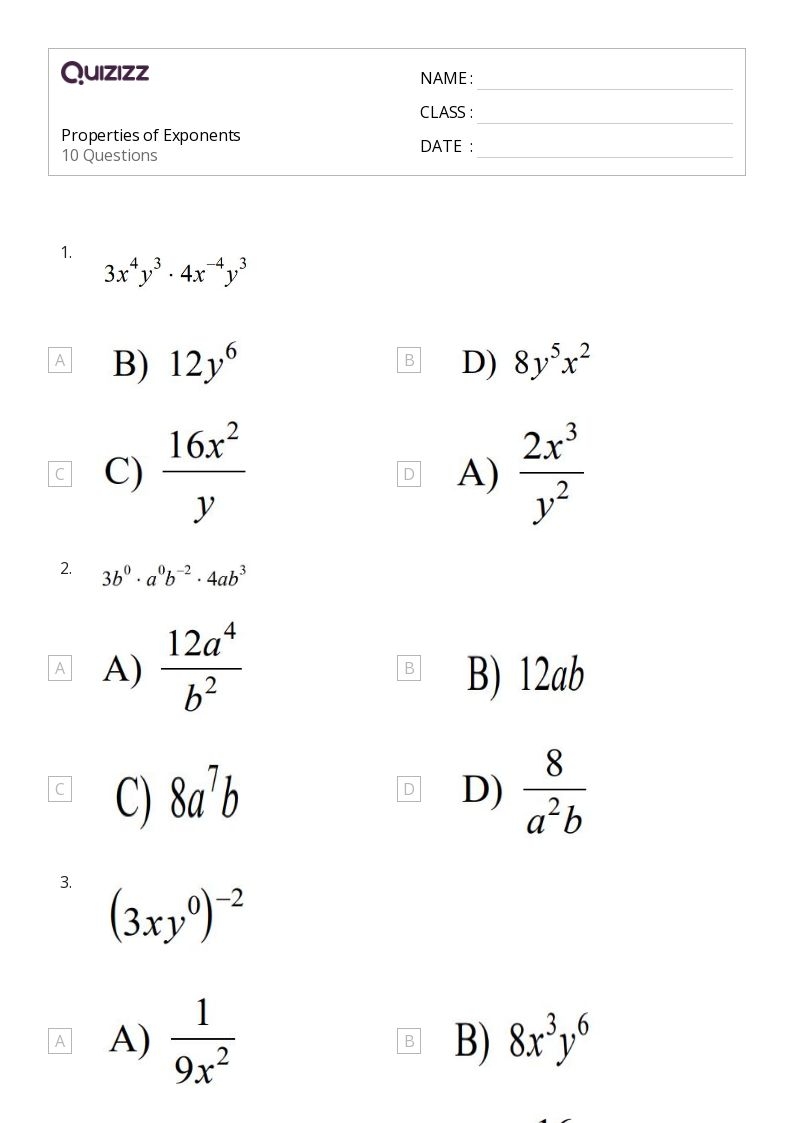 properties of exponents worksheet