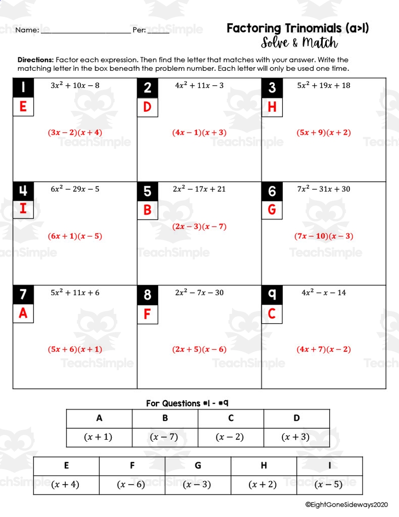 factoring trinomials worksheet factoring trinomials worksheet