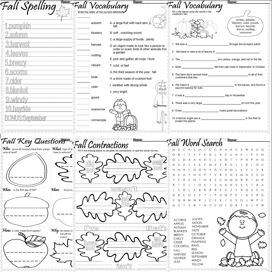 Fall NO PREP Worksheets Autumn Activities ELA Writing Vocabulary Literacy Math FUN Classful