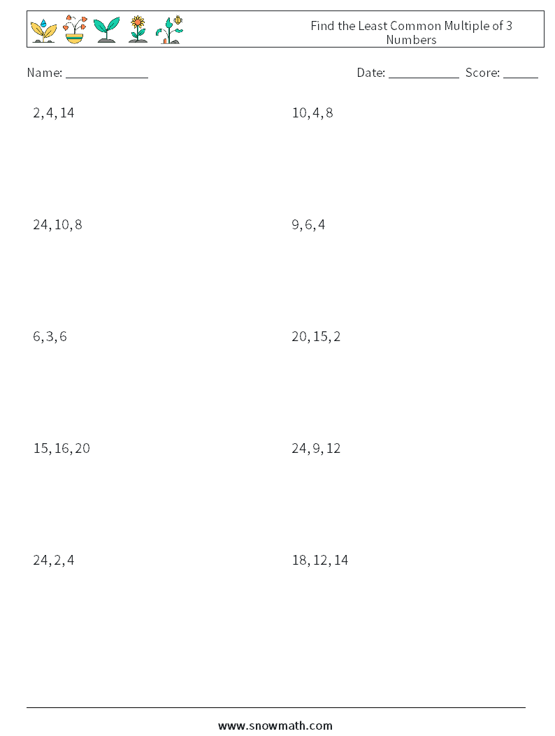 Find The Least Common Multiple Of 3 Numbers Math Worksheets Math Practice For Kids 