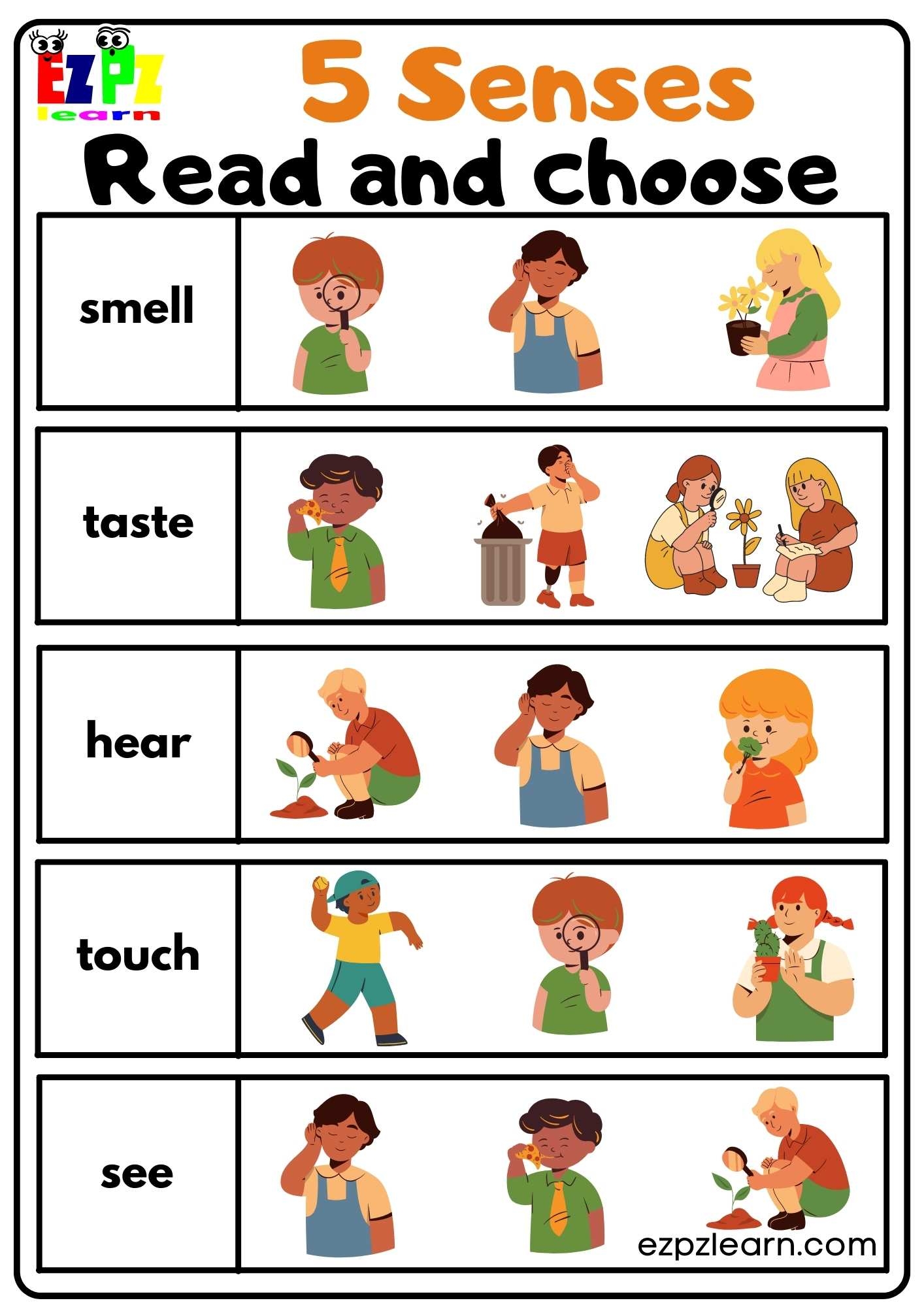 Five Senses Read And Choose Worksheet For Kindergarten And ESL Students Free Download Ezpzlearn Five Senses Read And Choose Worksheet For Kindergarten And ESL Students Free Download Ezpzlearn