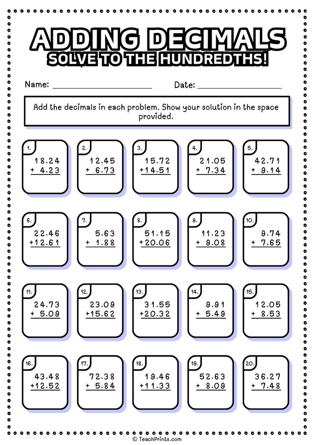 Free Adding Decimals Worksheets Teach Prints