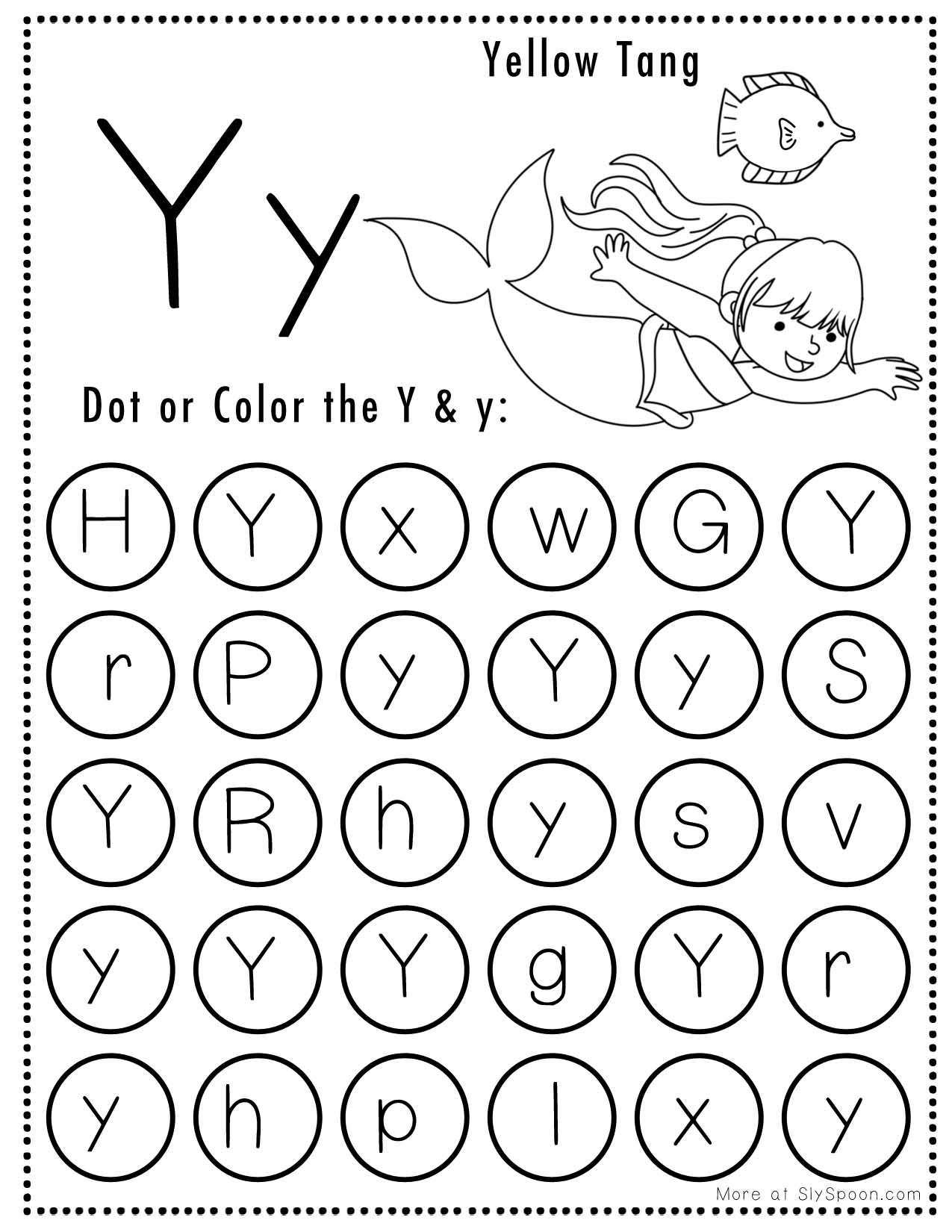 Free Alphabet Do A Dot Printables Worksheets Letter Y Mermaid Themed Sly Spoon