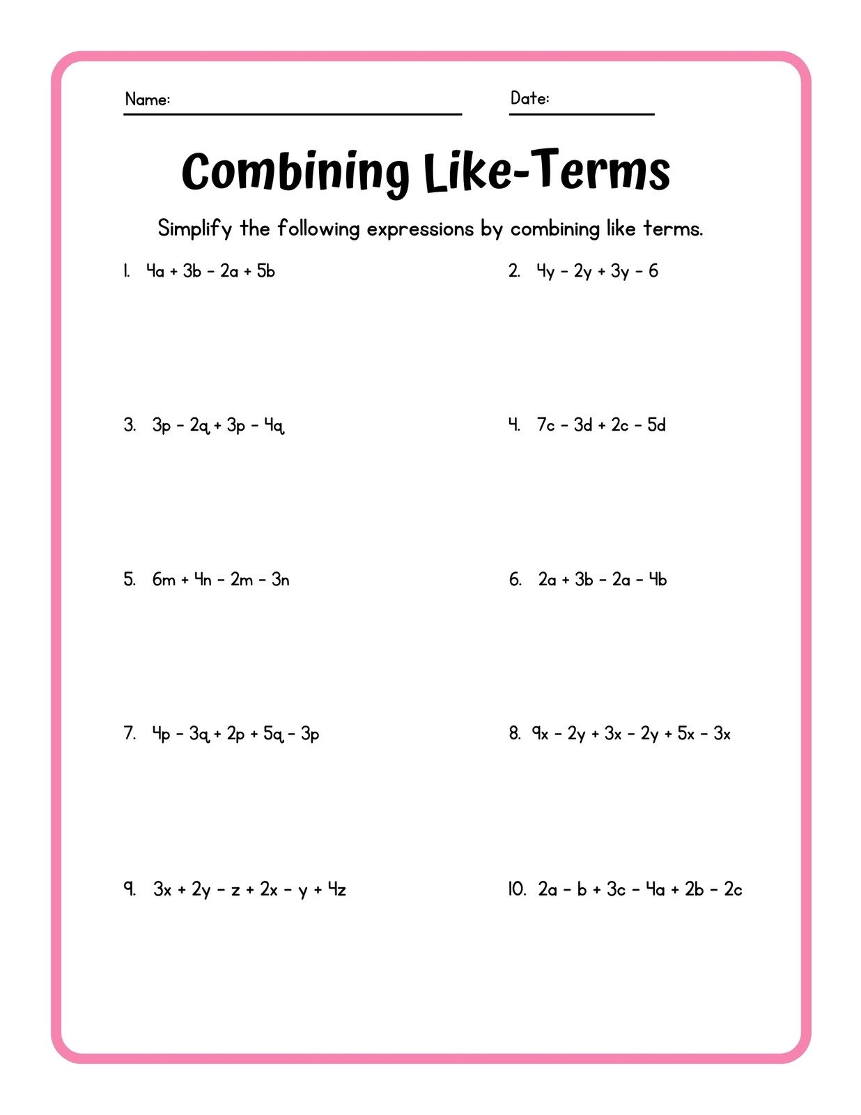 Free Custom Combining Like Terms Worksheet Templates Worksheets Library