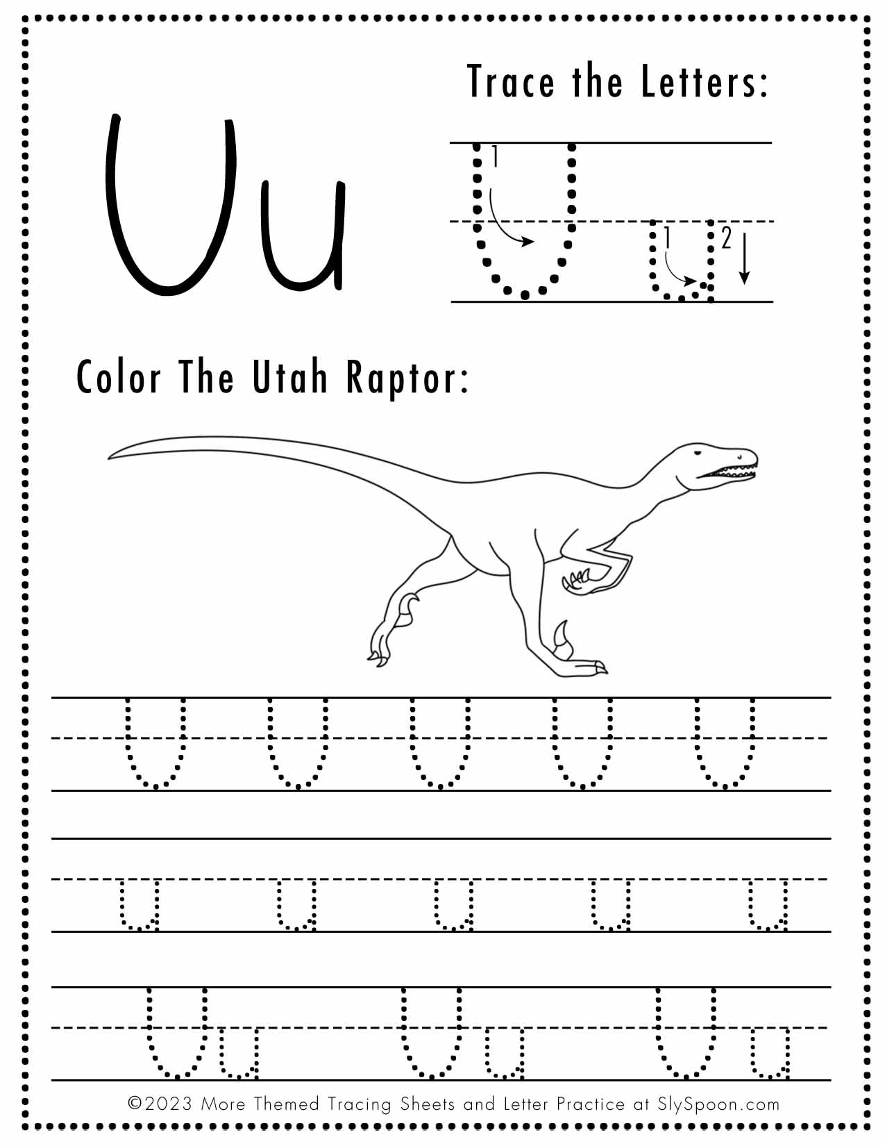 Free Letter U Tracing Worksheet Printable Dinosaur Themed Sly Spoon