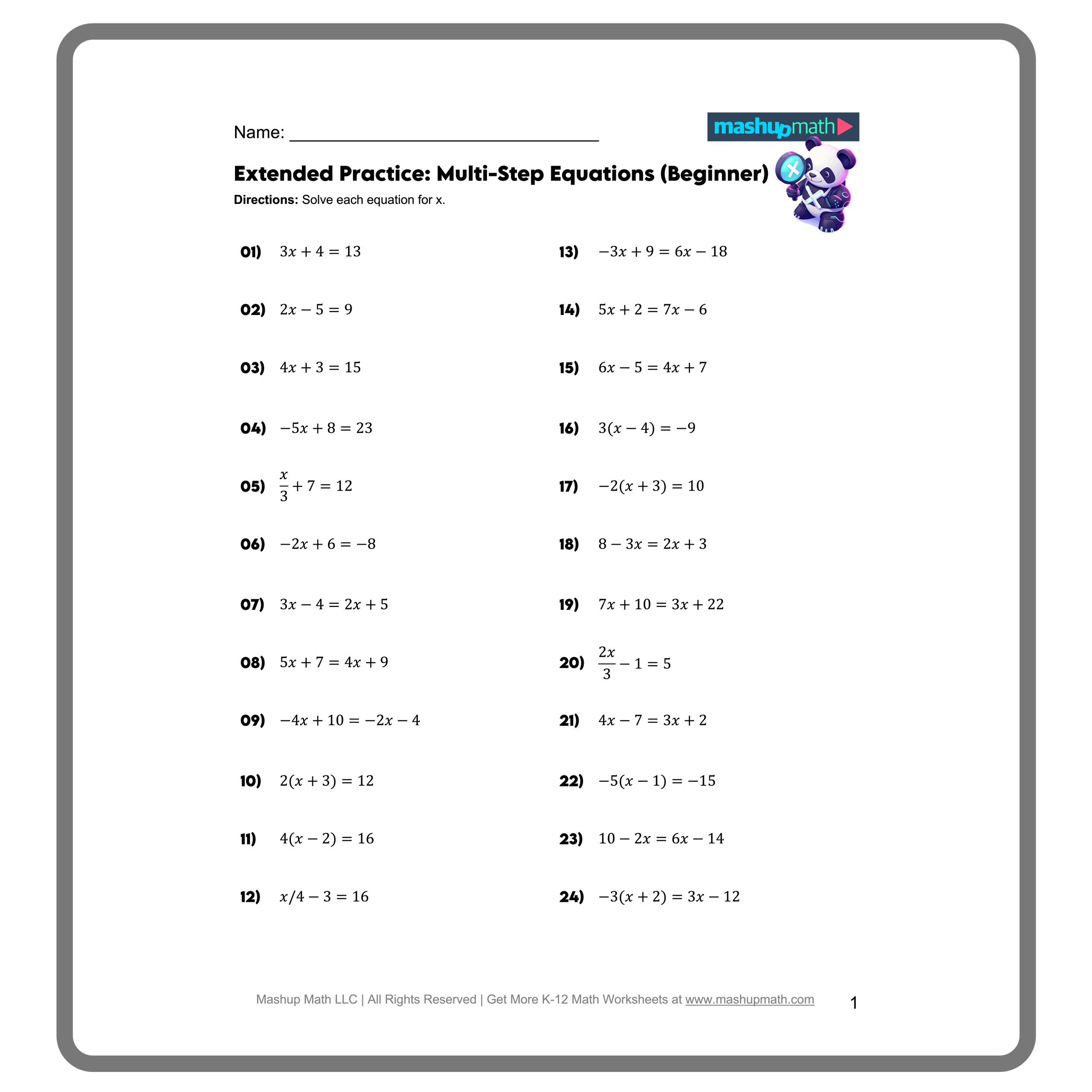 Free Multi Step Equations Worksheets Mashup Math