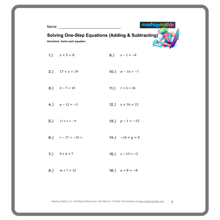 Free One Step Equations Worksheets Mashup Math