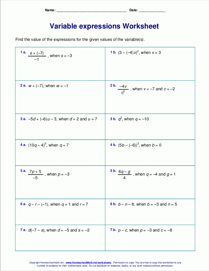 Free Worksheets For Evaluating Expressions With Variables Grades 6 8 Pre algebra And Algebra 1 Free Worksheets For Evaluating Expressions With Variables Grades 6 8 Pre algebra And Algebra 1