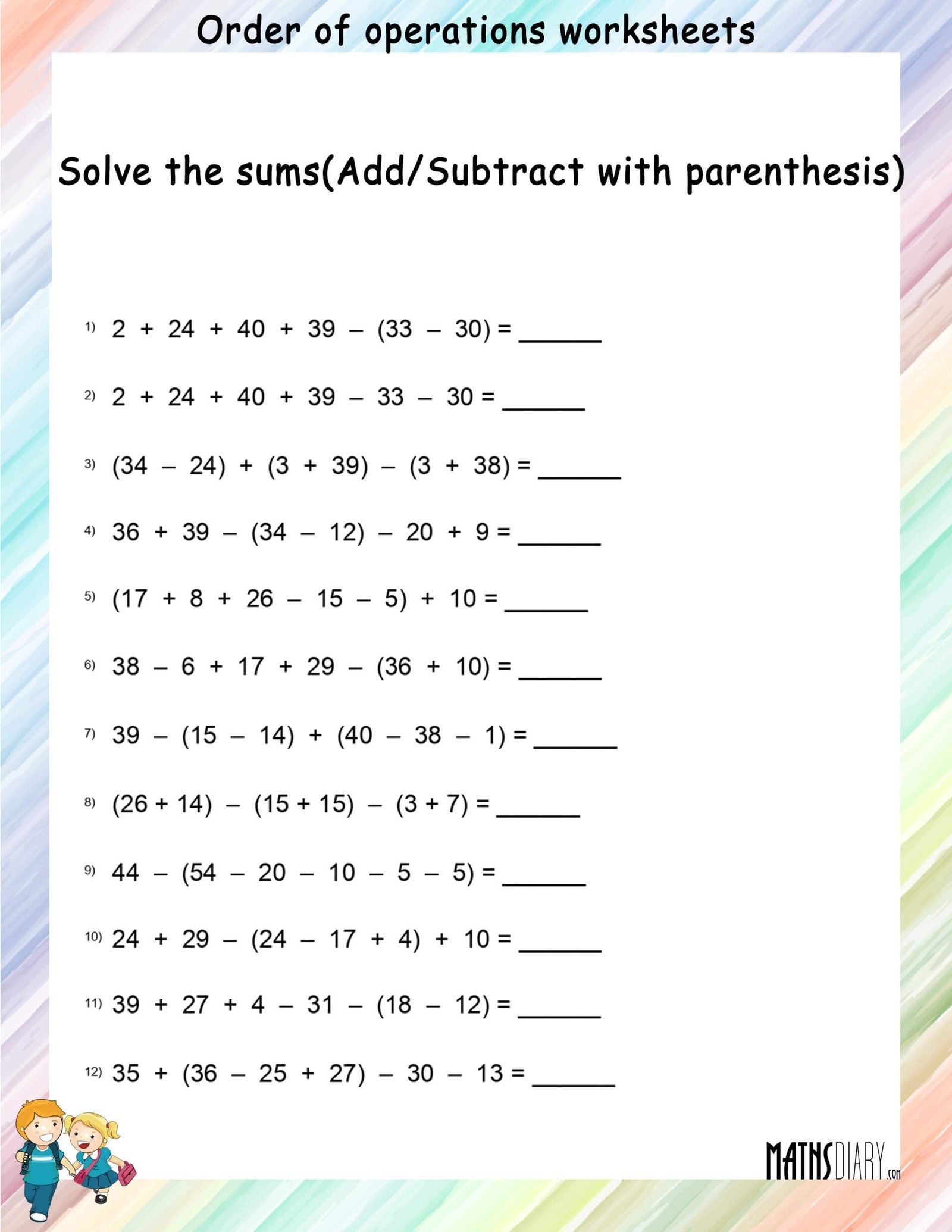 order of operations math worksheets