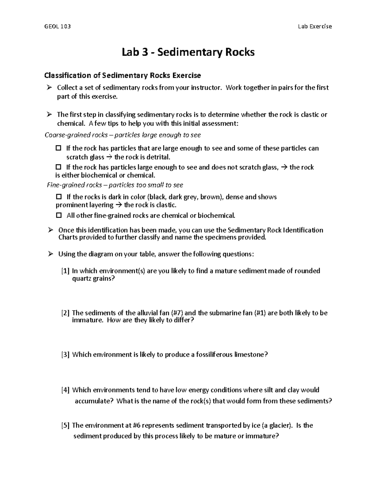 GEOL 103 Lab 3 Exercise On Sedimentary Rock Classification Studocu