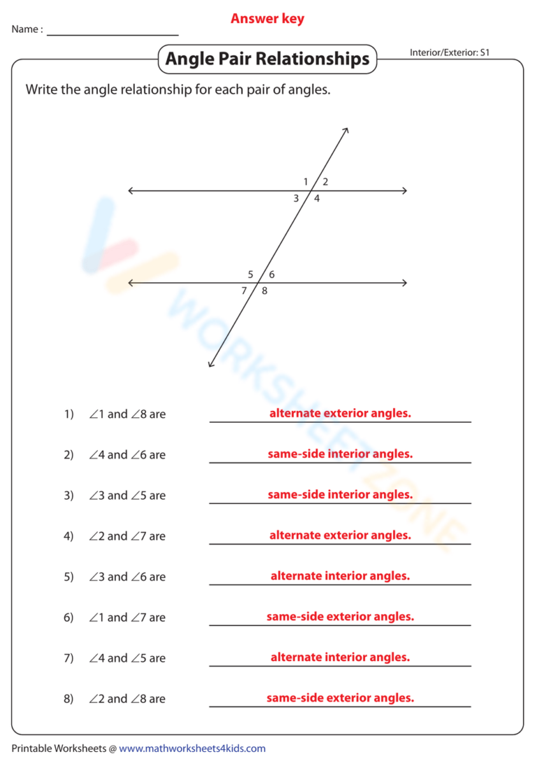 Grade 7 Angle Pair Relationships Worksheets