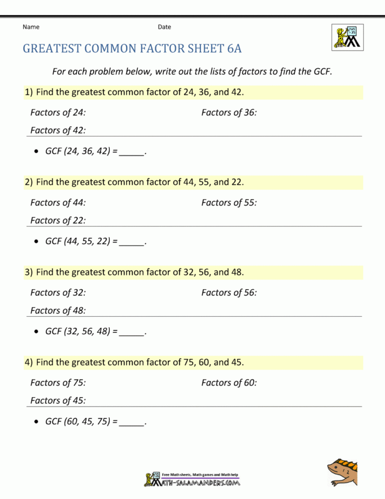 Greatest Common Factor Worksheet Page