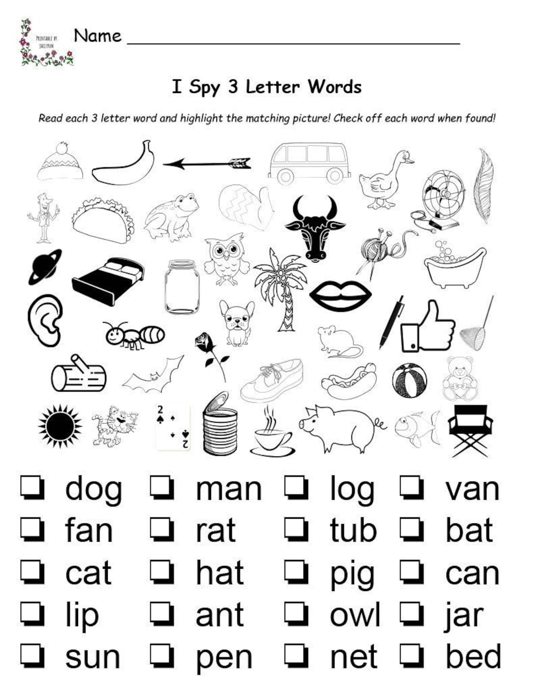 I Spy 3 Letter Words Printable Worksheet Match Words To Pictures Preschool 1st Grade Etsy