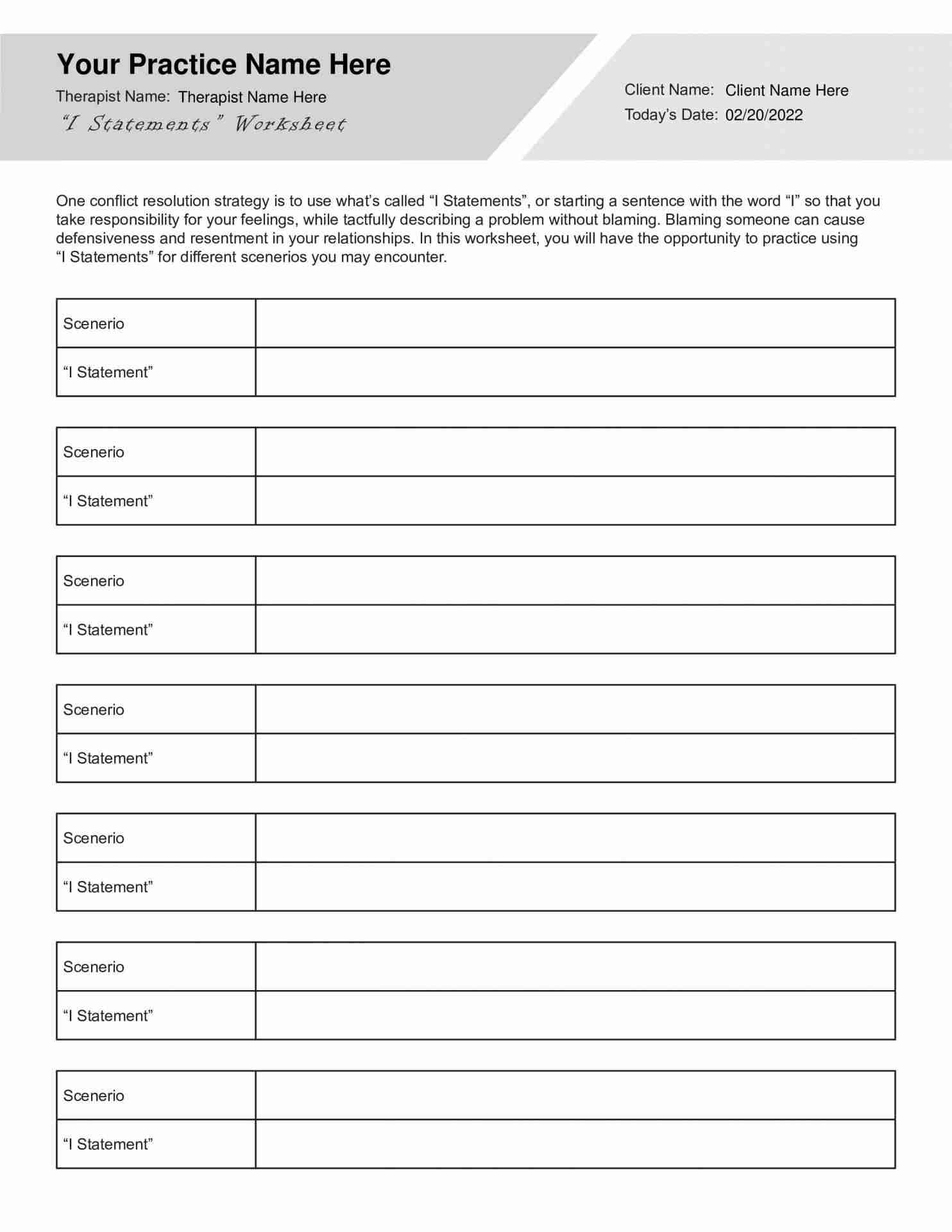I Statements Worksheet Workplace Editable Fillable Printable PDF TherapyByPro