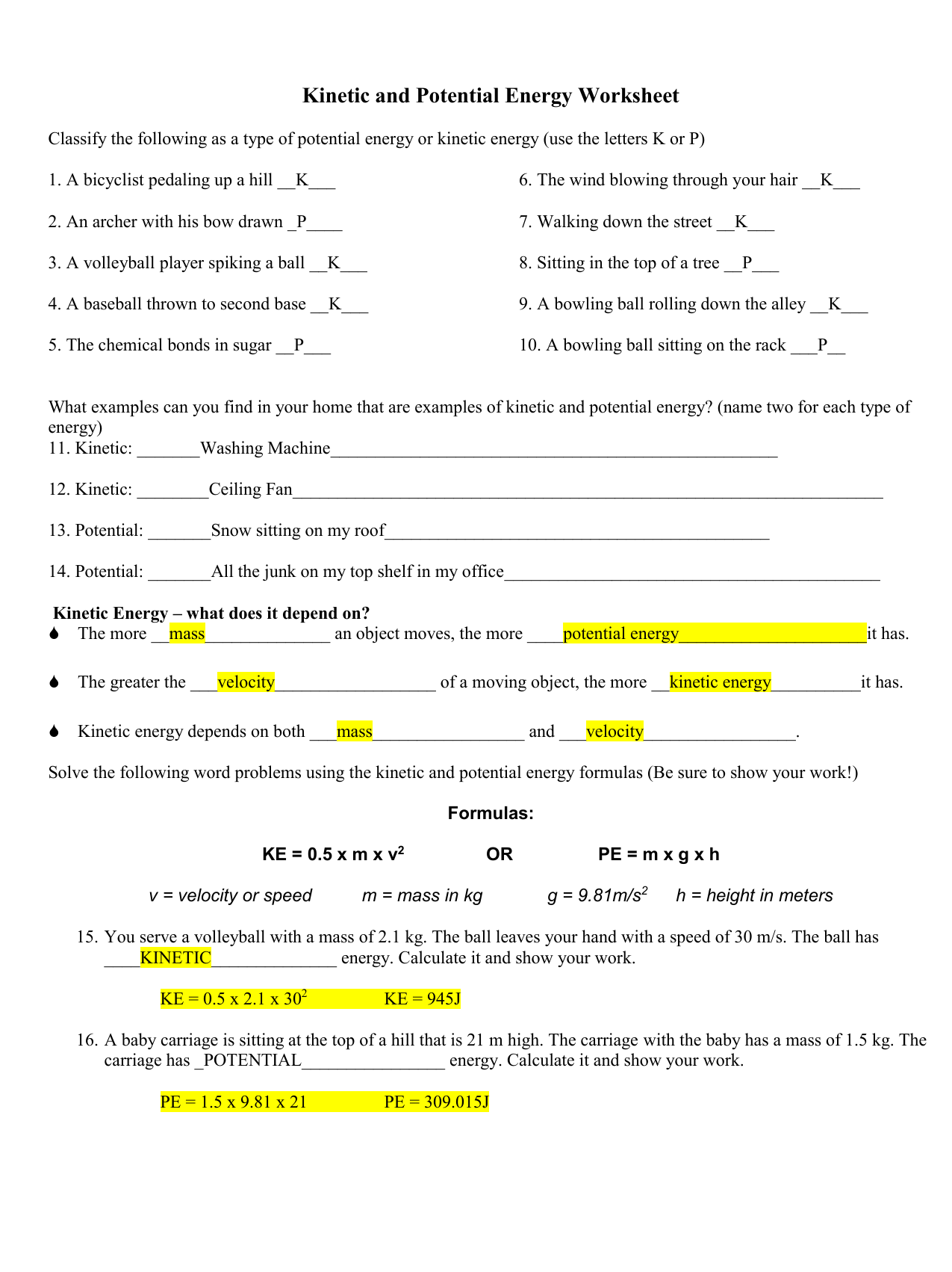 Kinetic And Potential Energy Worksheet