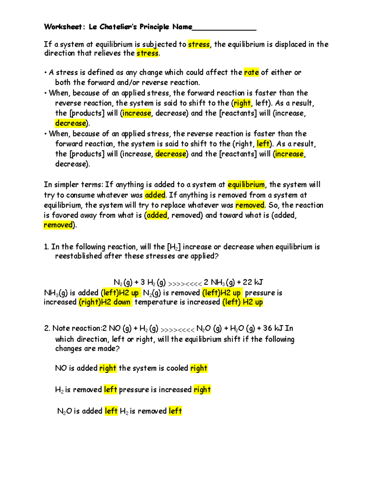 Le Chatelier s Principle Worksheet For Chemistry Class Studocu Le Chatelier s Principle Worksheet For Chemistry Class Studocu