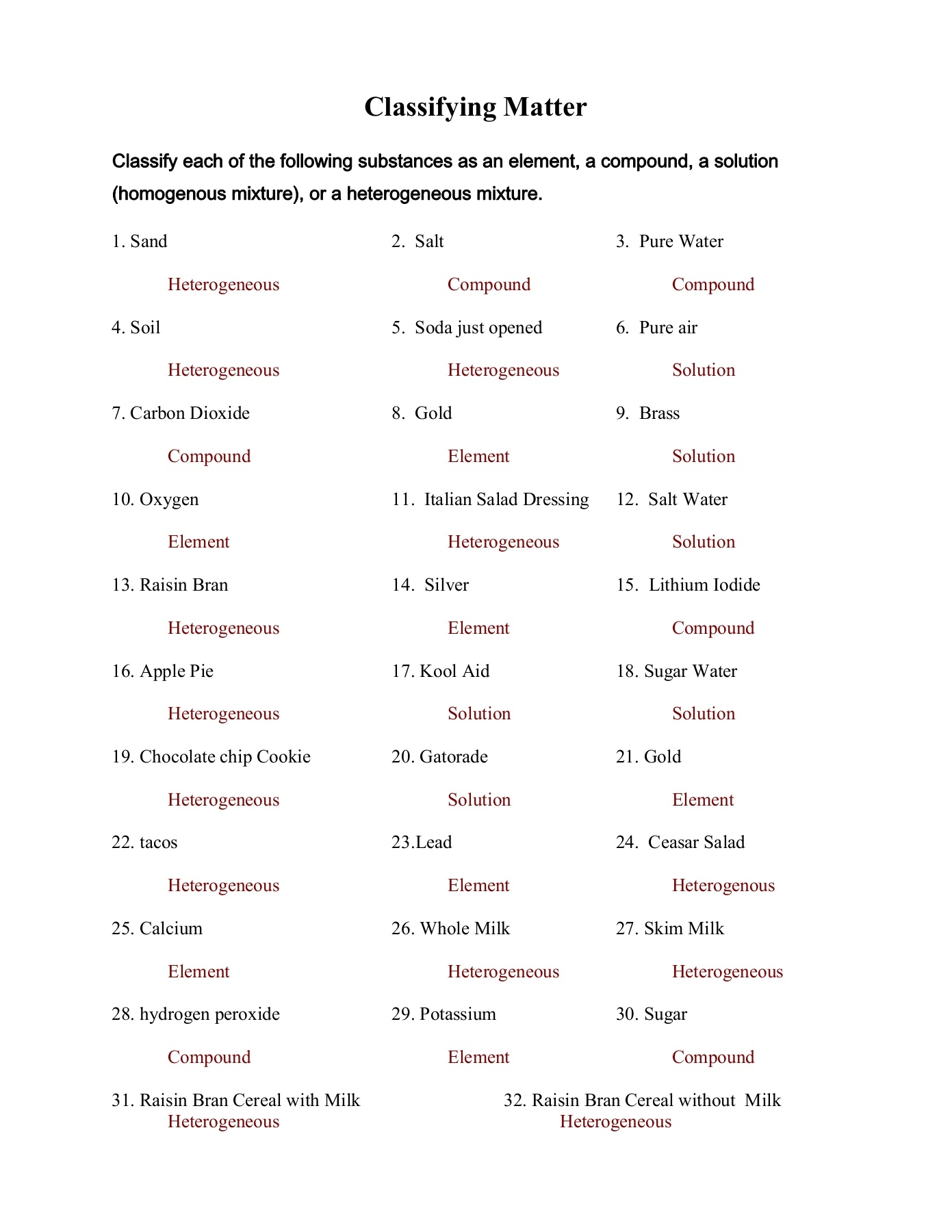 classifying matter worksheet