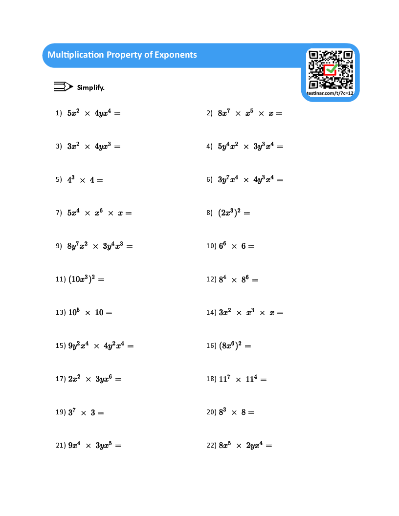 Multiplication Property Of Exponents Worksheets