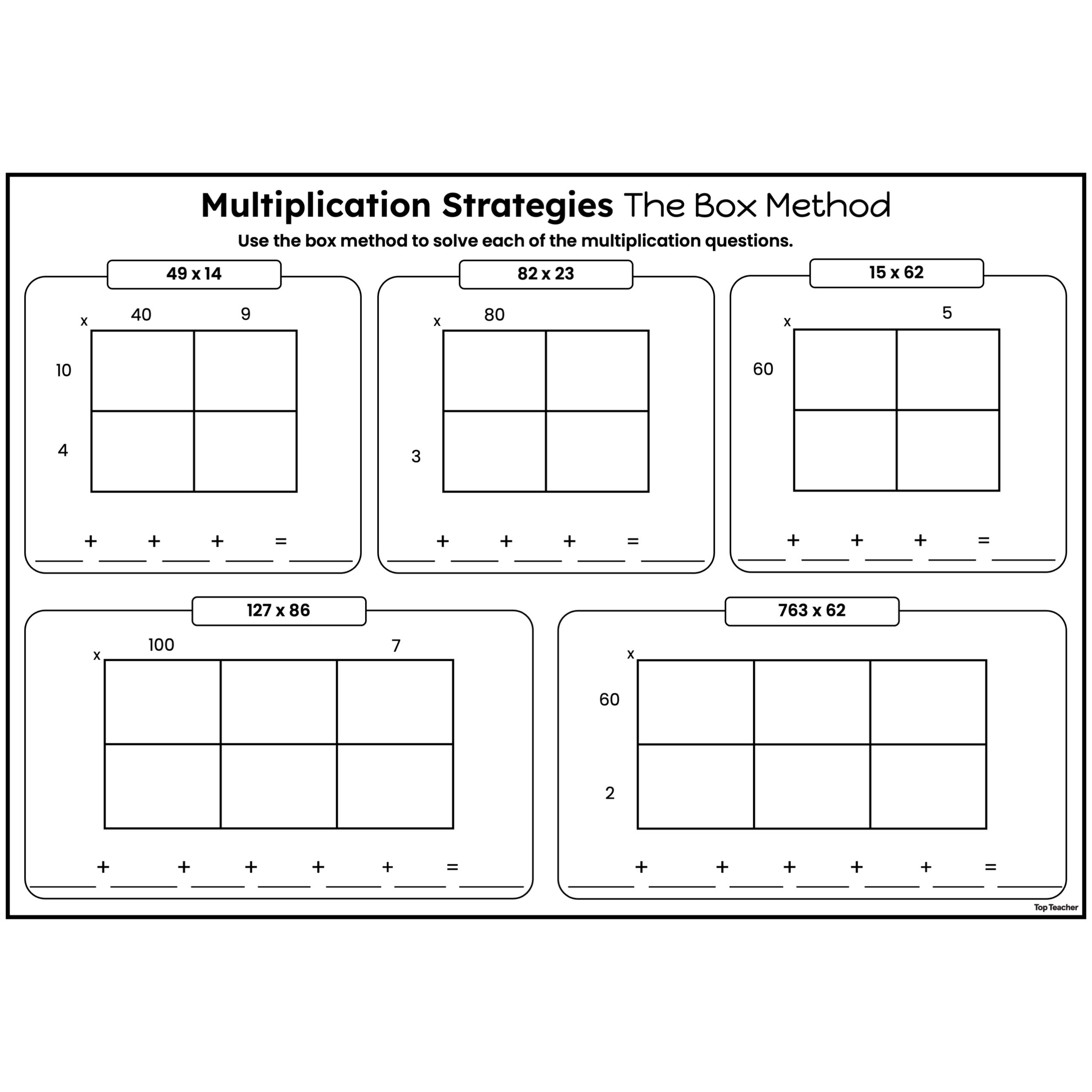 Multiplication Strategies The Box Method Worksheets Top Teacher Multiplication Strategies The Box Method Worksheets Top Teacher