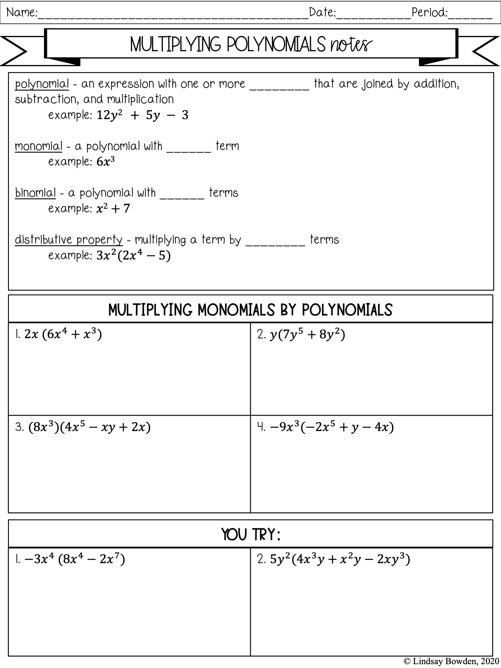 Multiplying Polynomials Notes And Worksheets Lindsay Bowden Worksheets Library