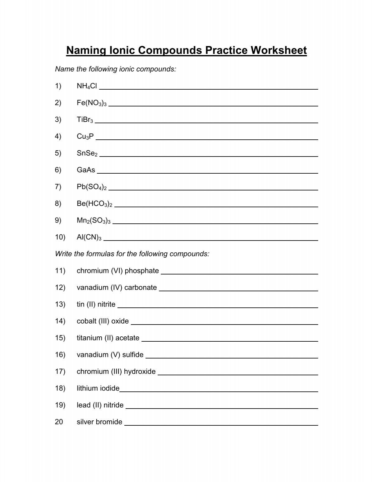 Naming Ionic Compounds Practice Worksheet Solutions Naming Ionic Compounds Practice Worksheet Solutions