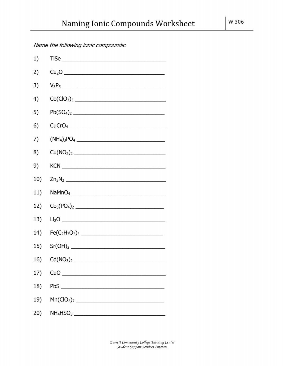 Naming Ionic Compounds Worksheet 1 Everett Community College Naming Ionic Compounds Worksheet 1 Everett Community College