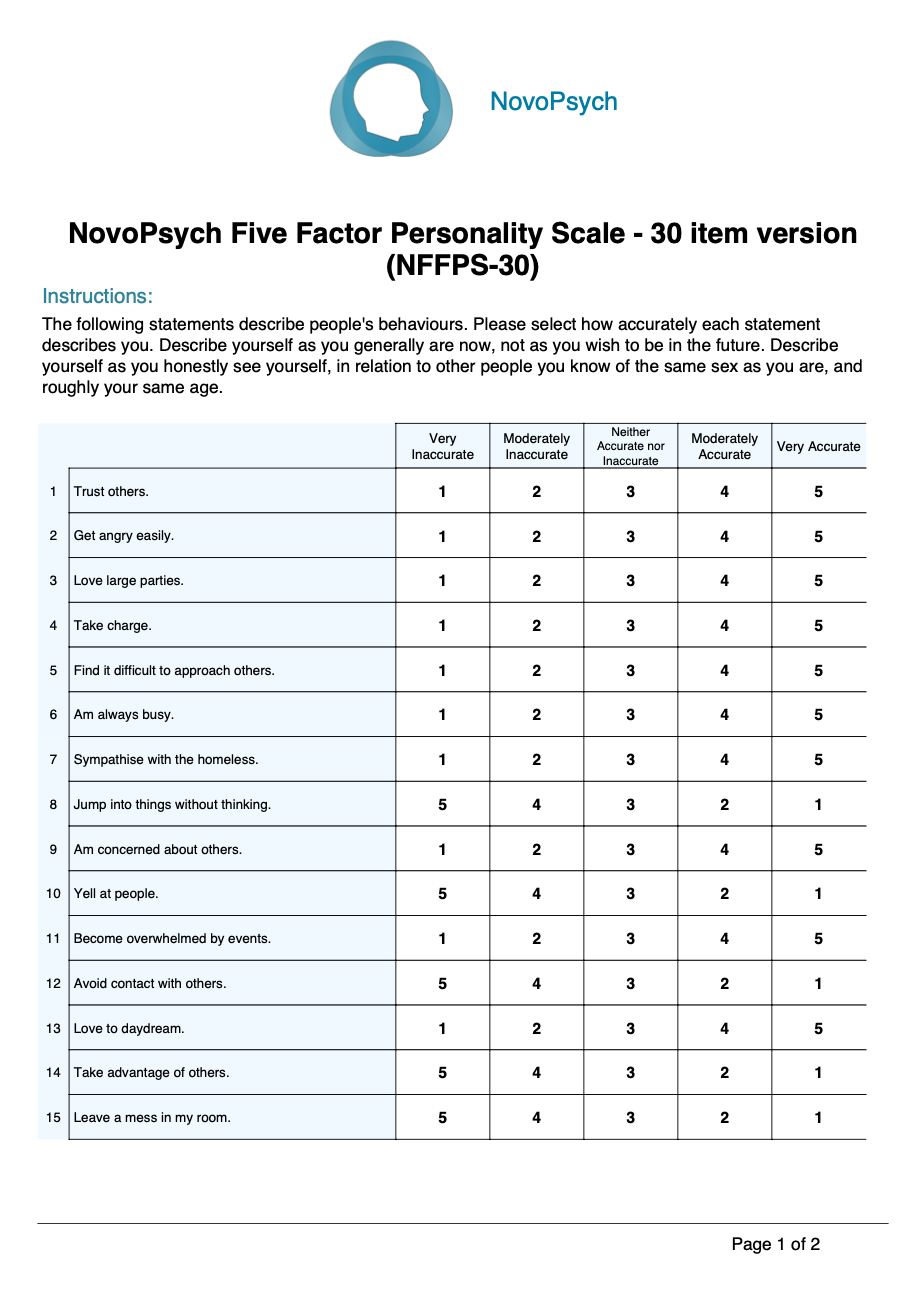NFFPS 30 NovoPsych Five Factor Personality Scale 30 Item